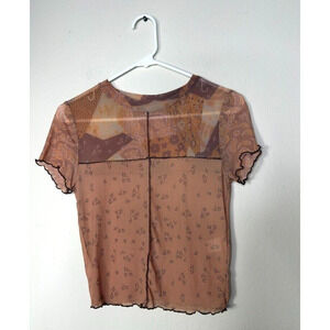 BP Nordstrom Y2K Women Brown Mesh Multi Patchwork Short Sleeve Top XS Boho Gypsy